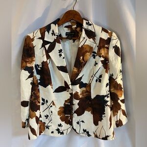 NWOT Grace Dane Lewis white & brown floral print 3/4 sleeves linen blazer jacket